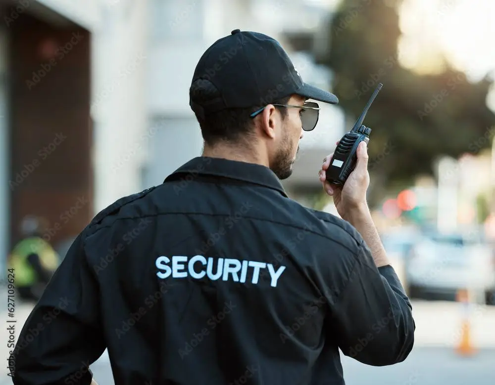Security officer communicating via radio while providing Studio City patrol security in Los Angeles.