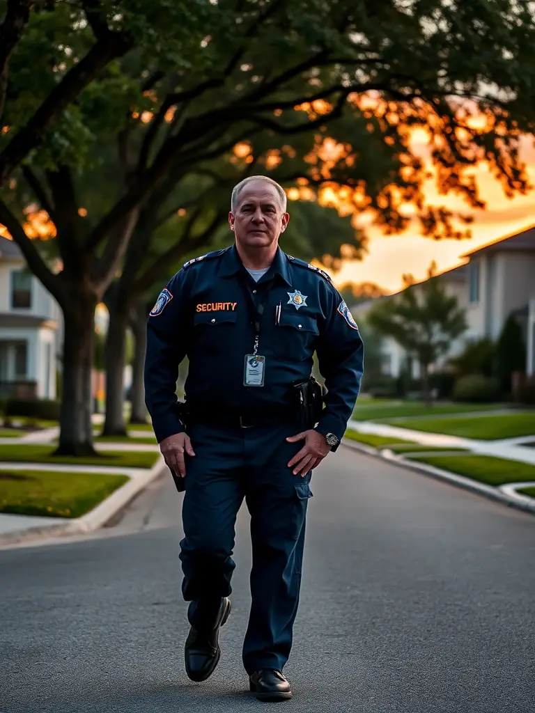 A high-resolution photo of a Safety Host Unit security guard patrolling a residential area in Malibu at sunset, ensuring neighborhood safety.