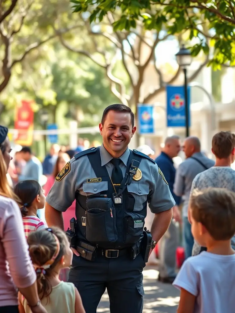 A photo of a Safety Host Unit security guard interacting positively with residents at a community event in Malibu, highlighting community trust.