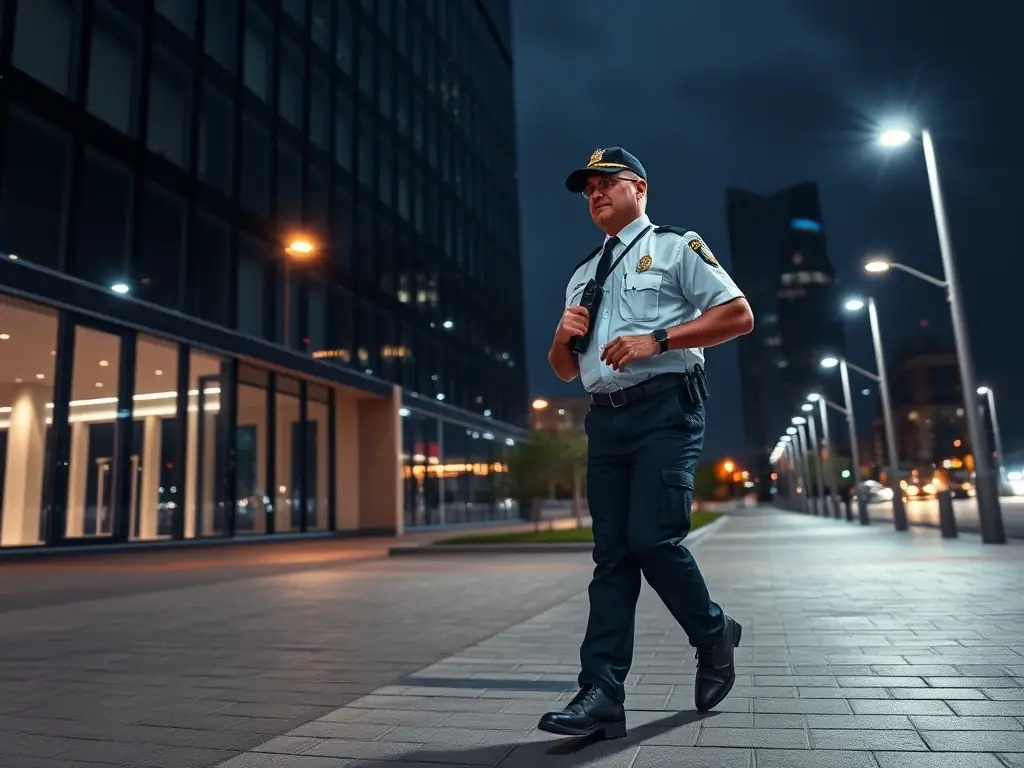 A high-resolution image depicting a Safety Host Unit security guard patrolling a well-lit commercial property in Long Beach at night, ensuring safety and security.