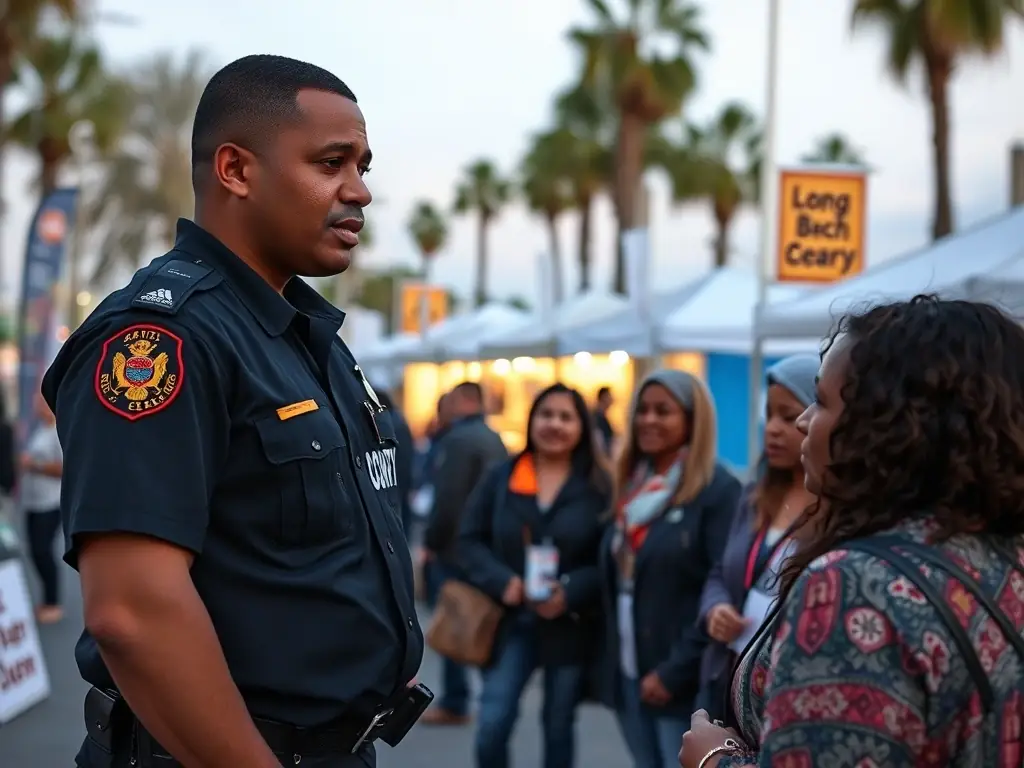 An image showcasing Safety Host Unit's local expertise in Long Beach, featuring a security team member interacting with local business owners during a community event.