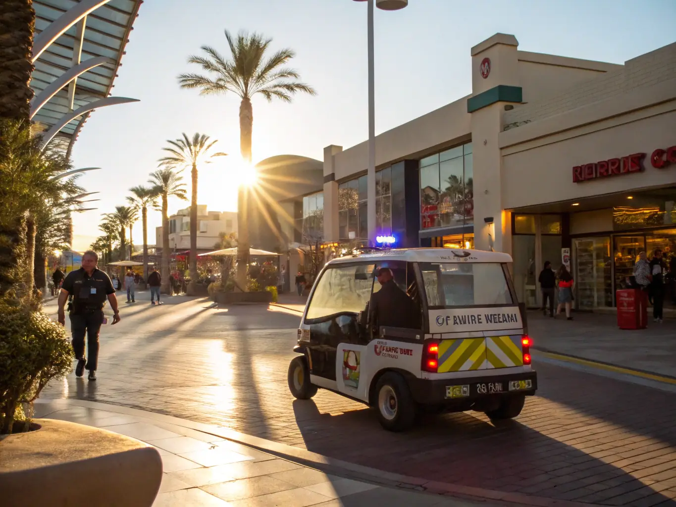 A photograph of a security vehicle patrolling a commercial area in Malibu, with upscale shops and restaurants visible in the background, emphasizing the company's commitment to protecting local businesses.