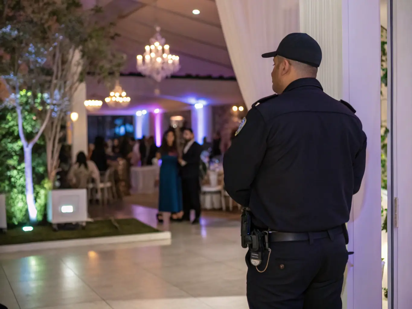 A medium shot of a security guard standing watch at a corporate event in Long Beach, with attendees mingling in the background and the Long Beach skyline visible in the distance, emphasizing the professionalism and reliability of the service.