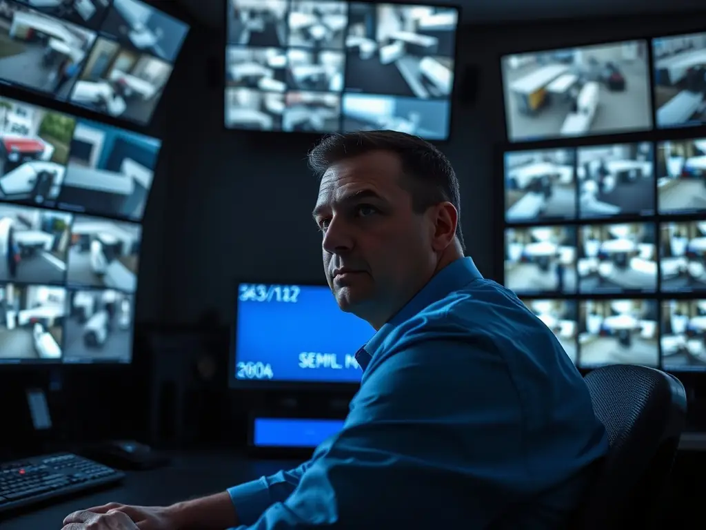 A close-up shot of a security guard monitoring surveillance cameras in a business security control room in Long Beach, with multiple screens displaying different areas of the business premises, highlighting the advanced technology and proactive approach.