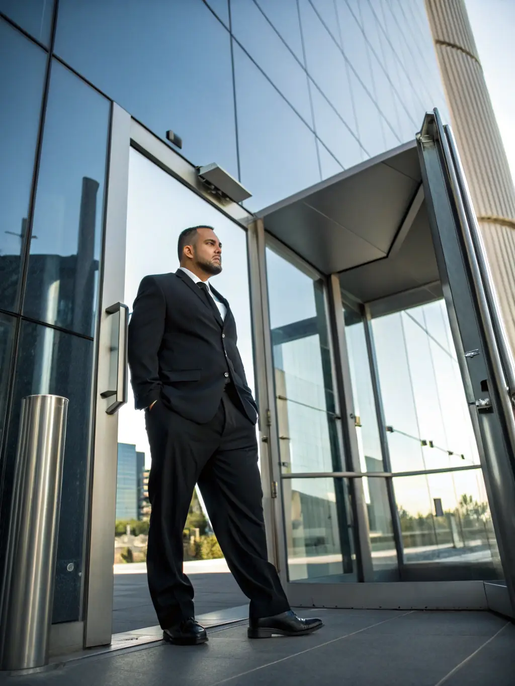 A security guard providing executive protection, ensuring the safety and well-being of a VIP client.