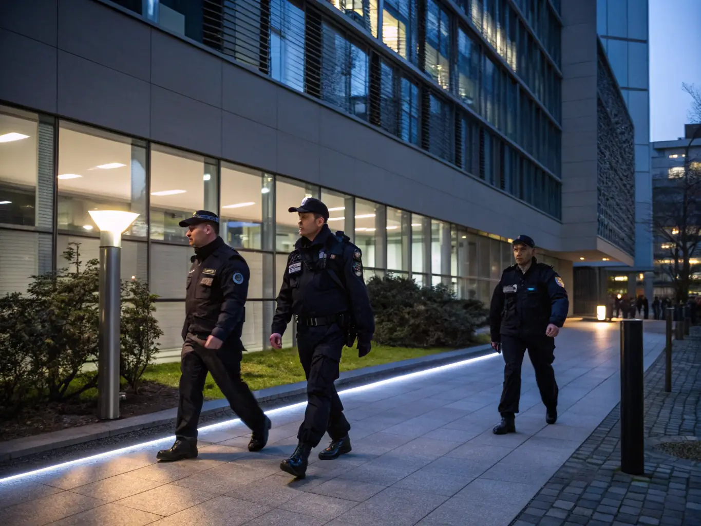 A diverse team of security guards in professional uniforms standing confidently in front of a modern office building in downtown Los Angeles, representing Safety Host Unit's commitment to providing highly trained personnel.