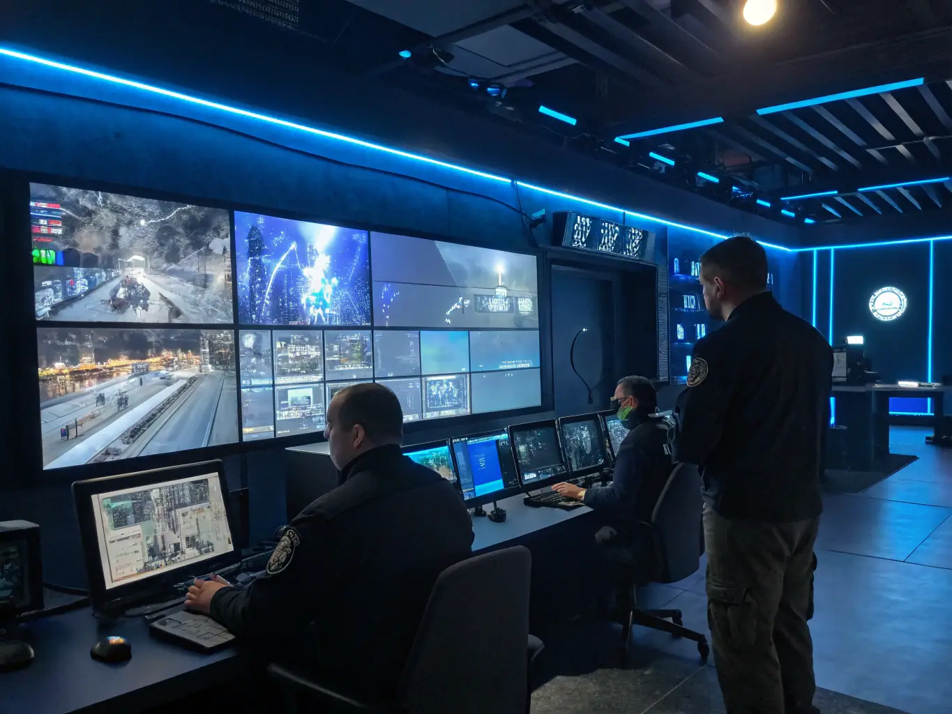 A state-of-the-art security control room with multiple monitors displaying real-time surveillance footage, showcasing Safety Host Unit's use of advanced technology for comprehensive security solutions.