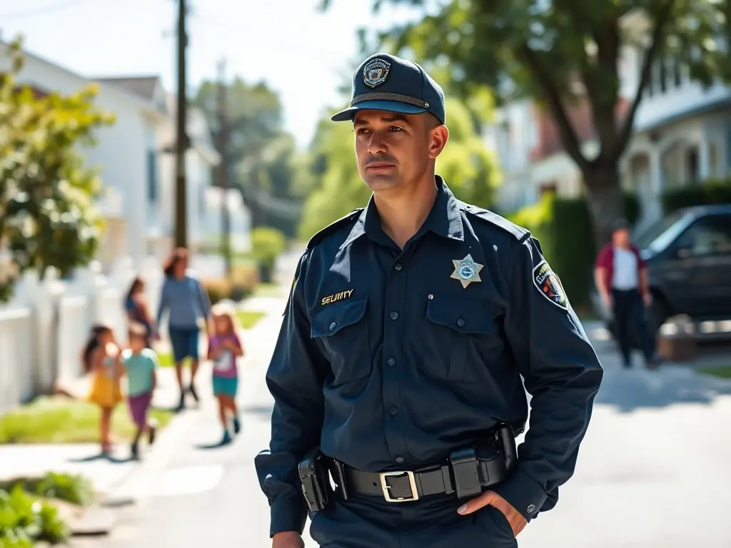 A high-resolution image depicting a uniformed security guard patrolling a residential neighborhood in Malibu at dusk, with well-maintained homes and lush landscaping in the background, conveying a sense of safety and vigilance.