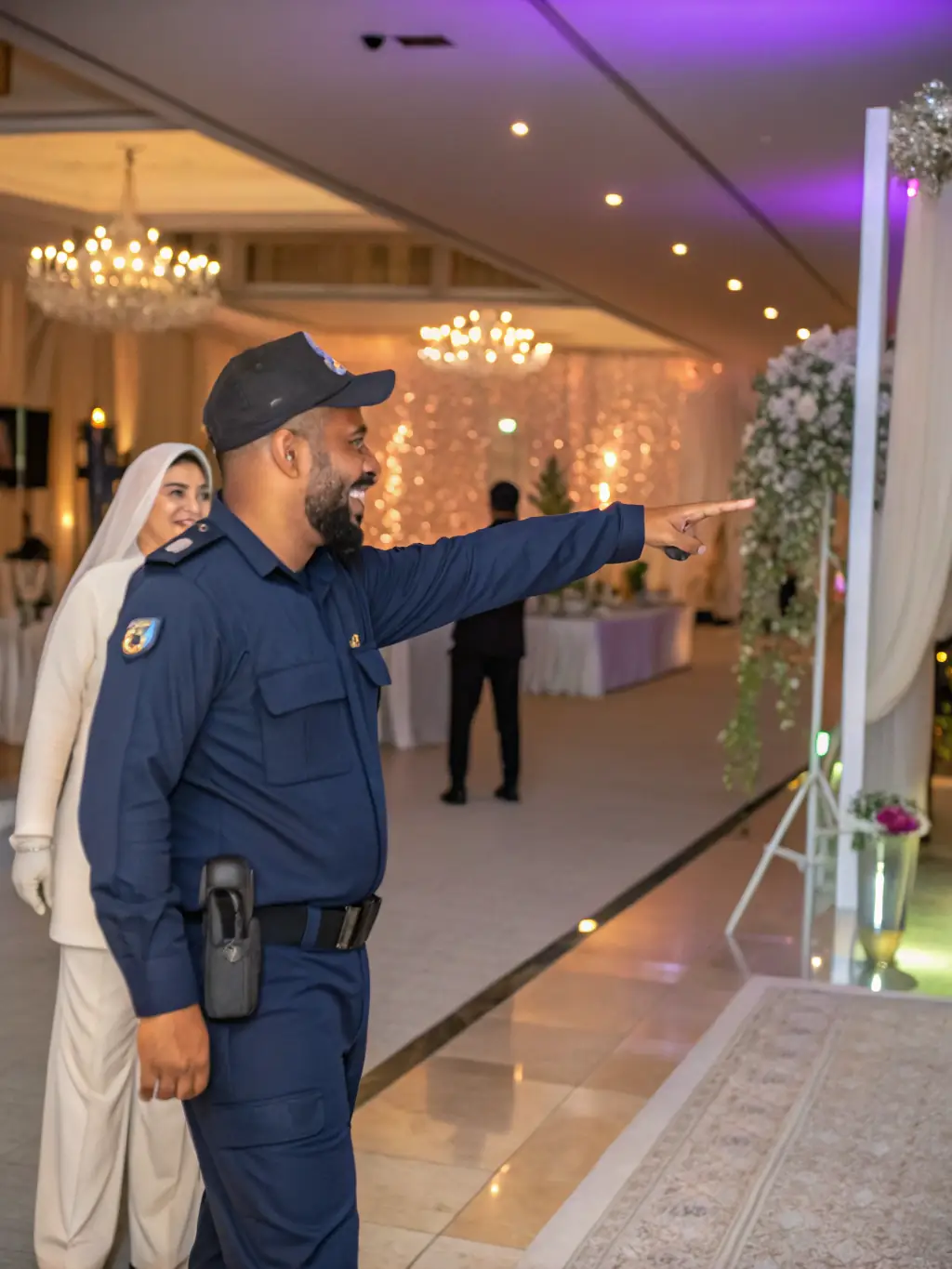 A security guard in a professional uniform stands watch at the entrance of a Pasadena gala event, ensuring only authorized personnel enter.