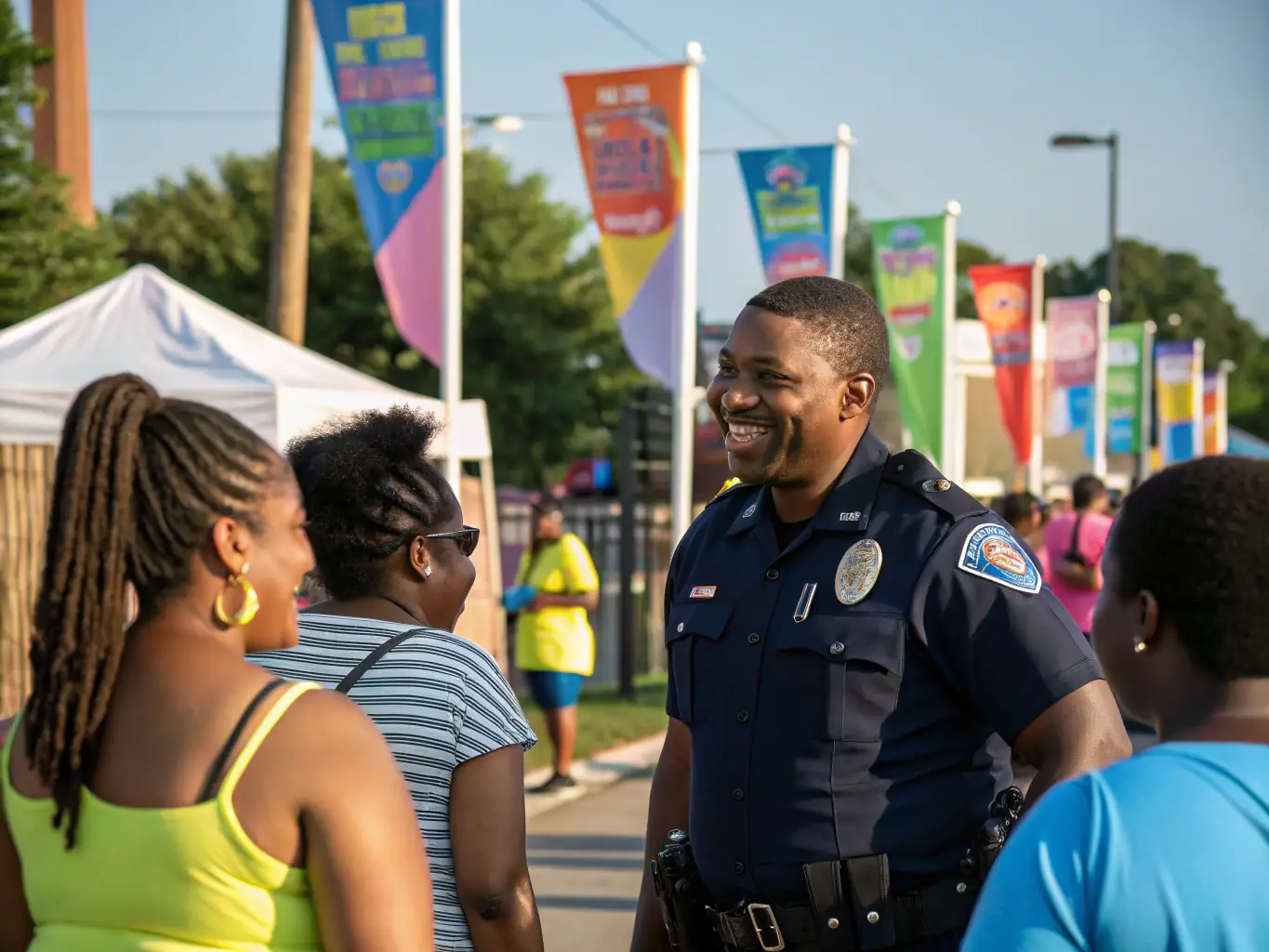 A photograph showcasing Safety Host Unit's security team interacting positively with community members at a local Pasadena event, highlighting their commitment to safety and community engagement.