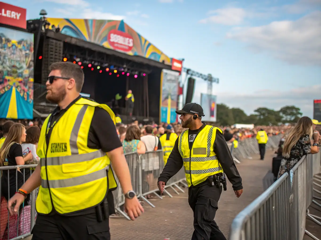 An image showing a security team managing crowd control at an outdoor event in Malibu, with attendees enjoying themselves in a safe and organized environment, highlighting the company's expertise in event security.