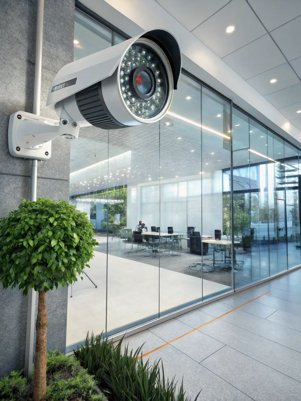 An image showcasing advanced security technology, such as surveillance cameras and alarm systems, being installed in a commercial property in Beverly Hills.