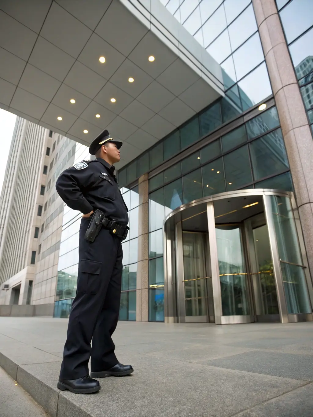 A security guard standing attentively in front of a commercial building at night, ensuring the safety and security of the premises.