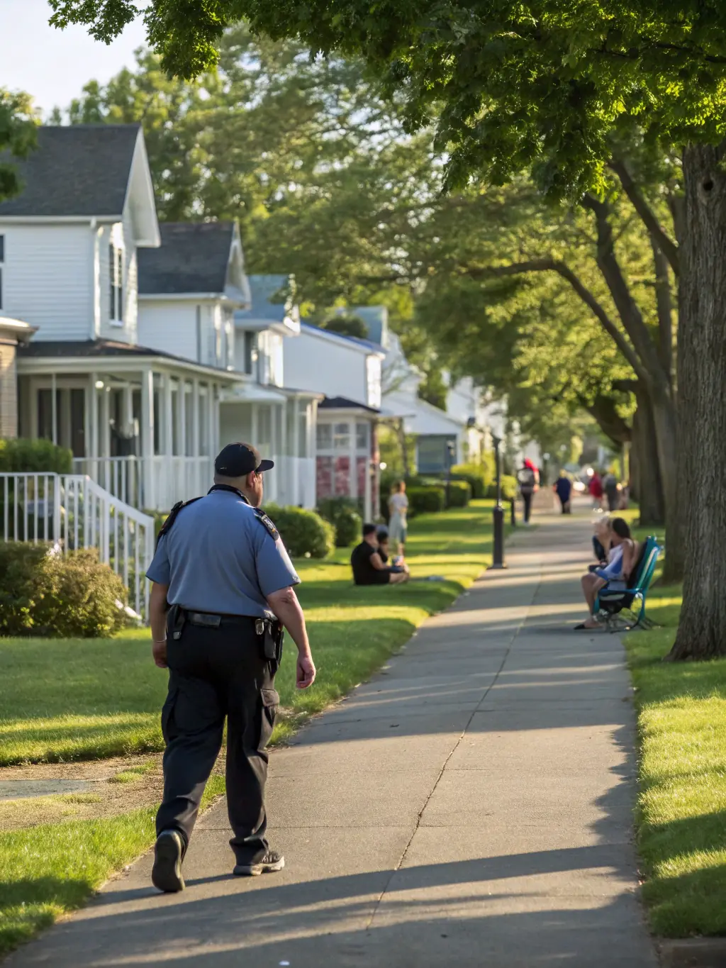 A high-resolution image depicting a uniformed security guard patrolling a residential area in Beverly Hills, showcasing a secure and upscale neighborhood.
