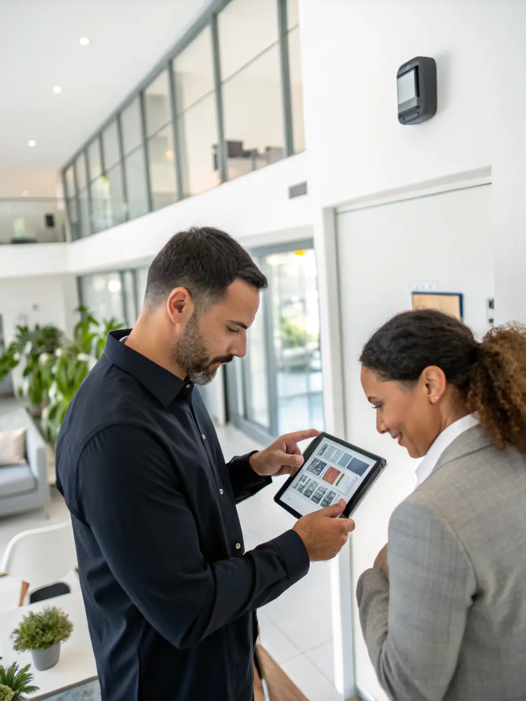 A photo of a Safety Host Unit security consultant meeting with a Malibu homeowner to discuss customized security solutions.