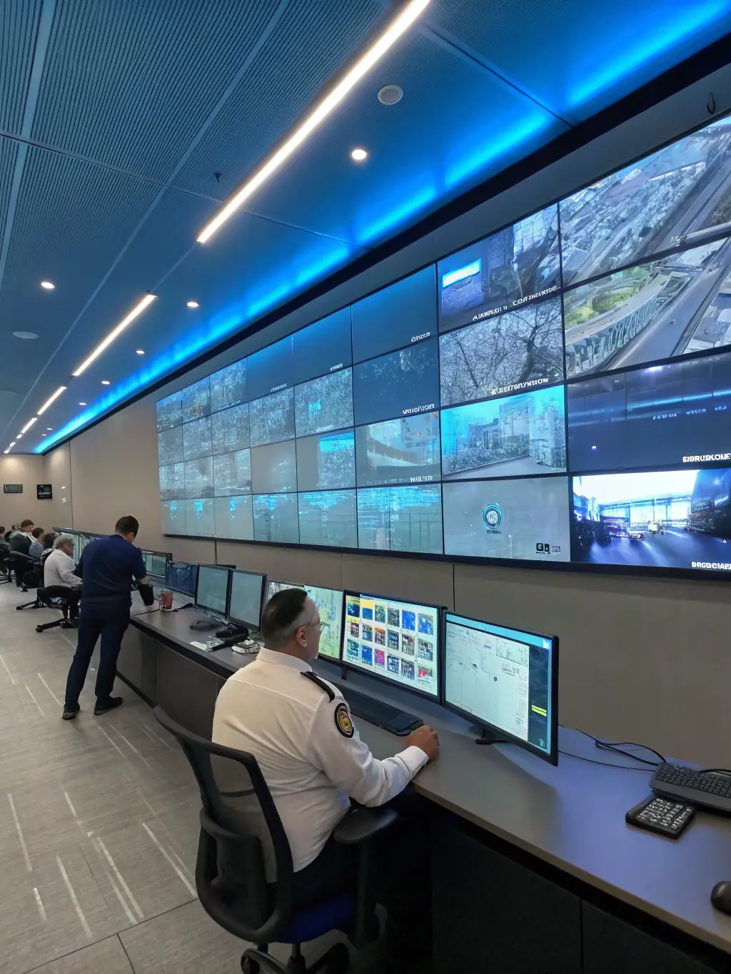 A state-of-the-art security control room in Pasadena, showcasing advanced technology and monitoring systems.