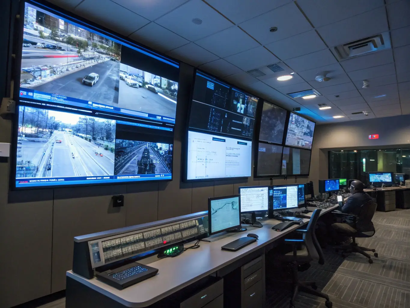 A security guard monitoring surveillance cameras in a control room, with multiple screens displaying different areas of a property in Los Angeles.