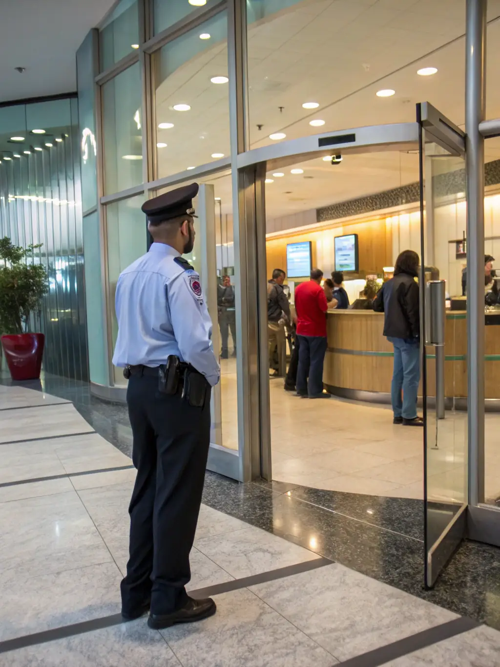 A security guard standing attentively in the lobby of a bank, greeting customers with a friendly smile, ensuring a safe and welcoming environment.