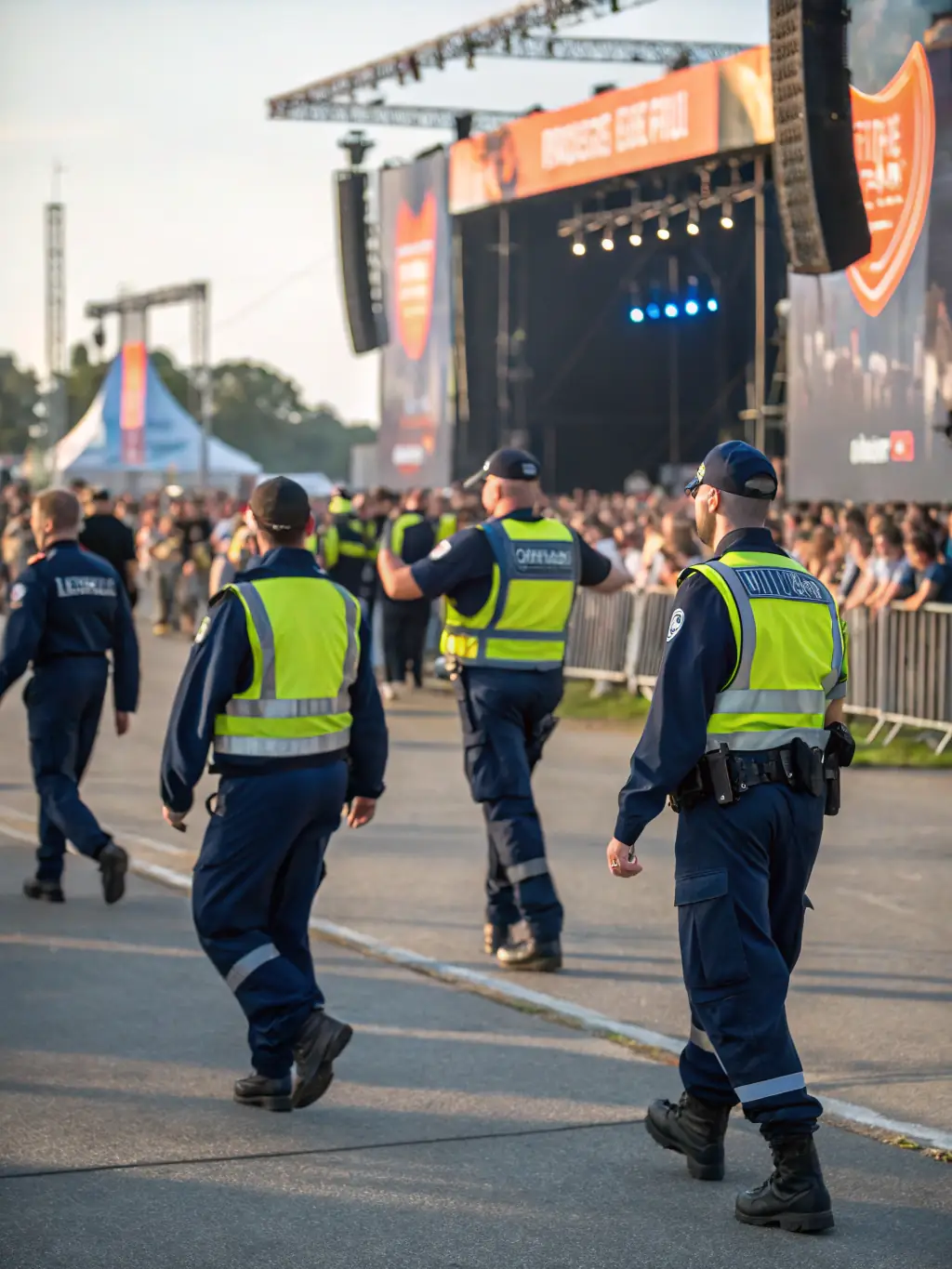 A security guard managing crowd control at a large outdoor event in Glendale, ensuring the safety and order of attendees.