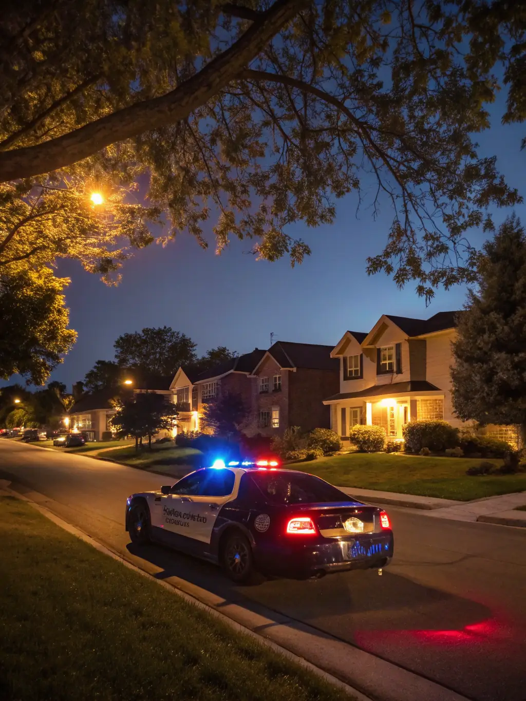 A security patrol car drives through a quiet residential neighborhood in Pasadena, providing a visible deterrent to crime.