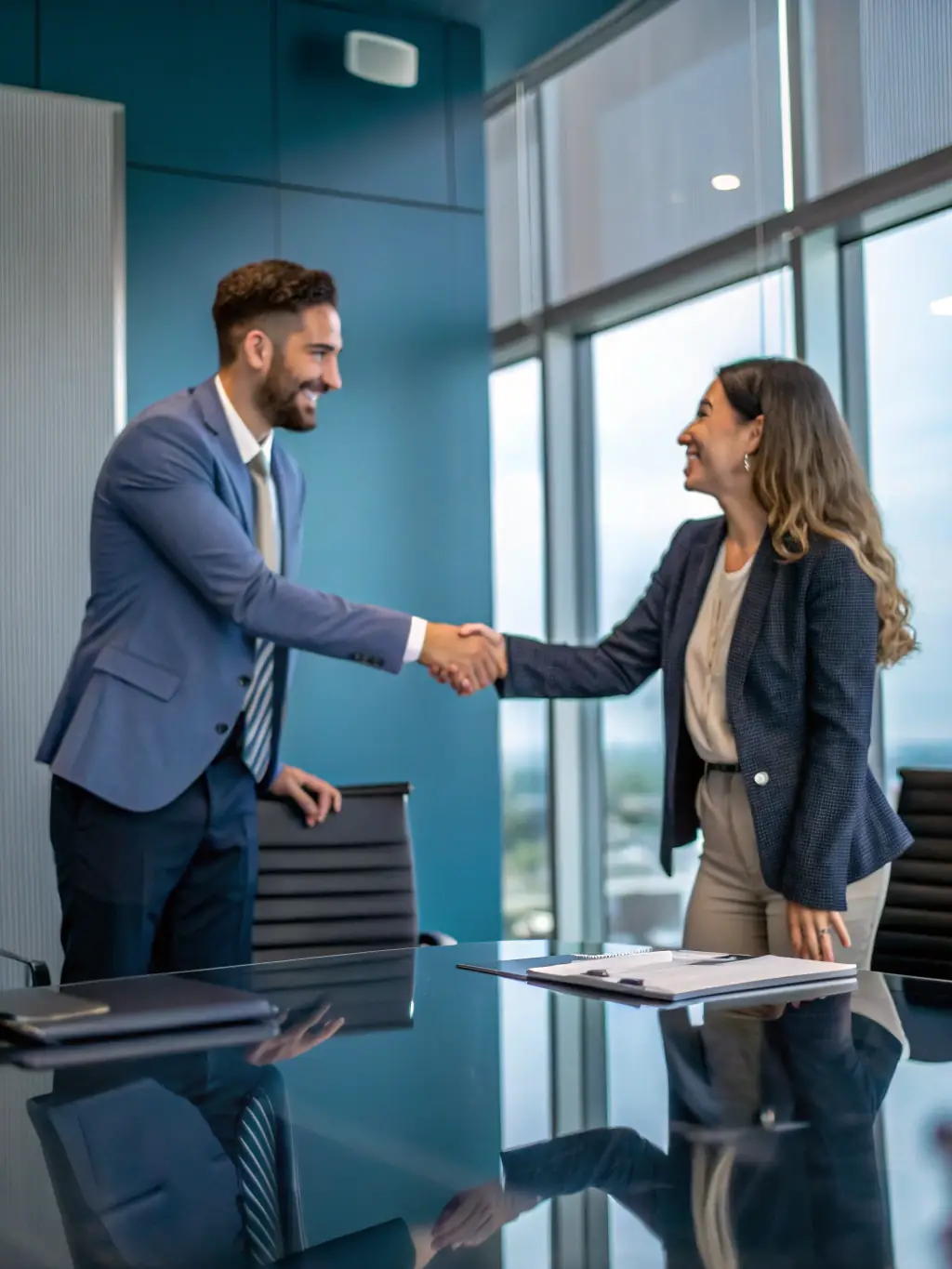 A satisfied client shaking hands with a Safety Host Unit security manager in Pasadena, symbolizing trust and reliability.
