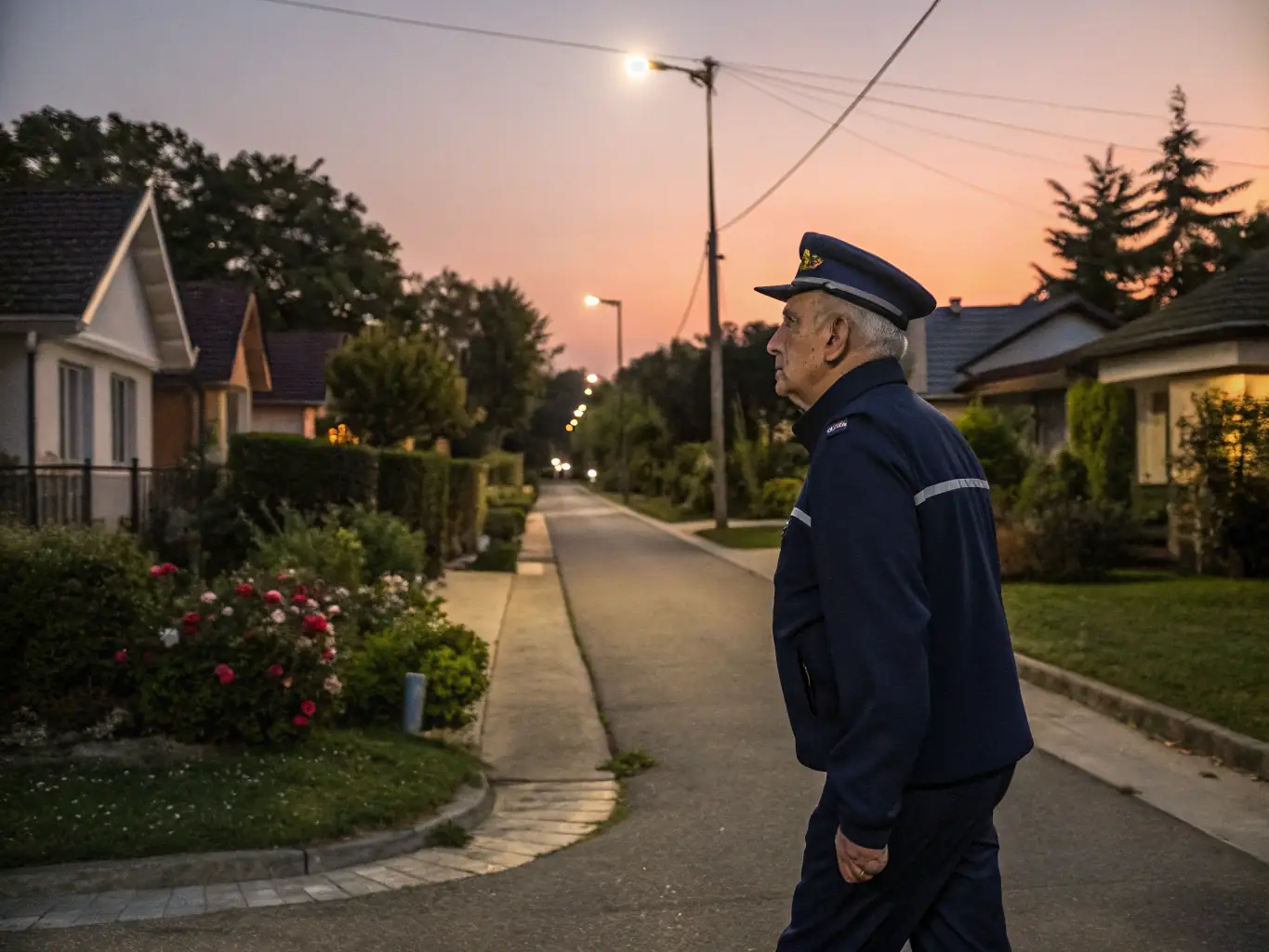 A high-resolution image depicting a security guard in professional uniform standing attentively in front of a construction site at dusk, ensuring safety and security.