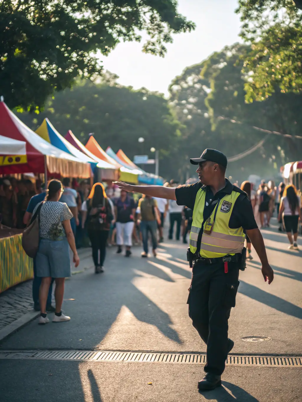 A security guard patrolling a large event venue, ensuring the safety and order of attendees.