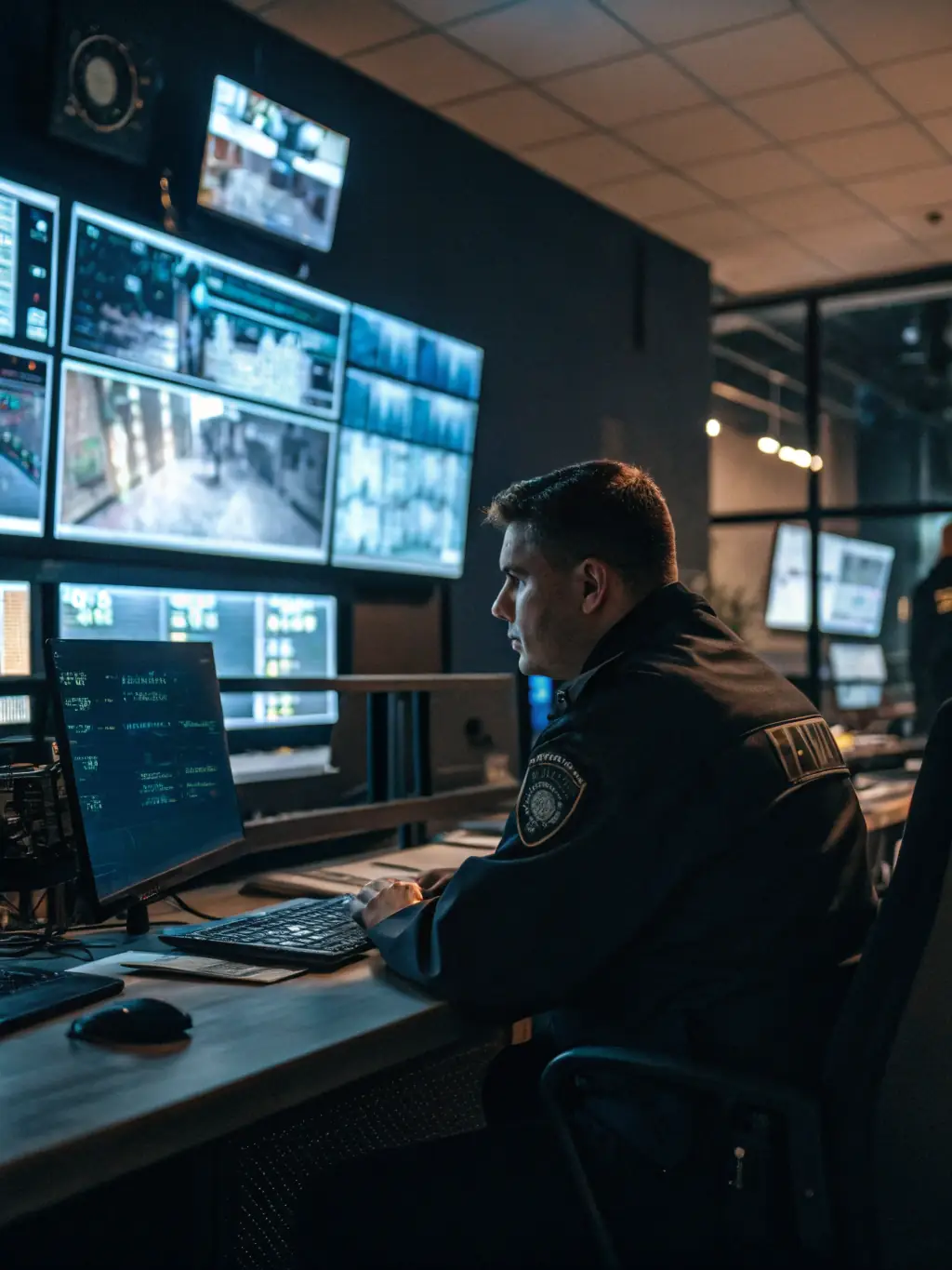 A security professional monitoring surveillance cameras in a control room, ensuring comprehensive coverage and quick response to incidents.