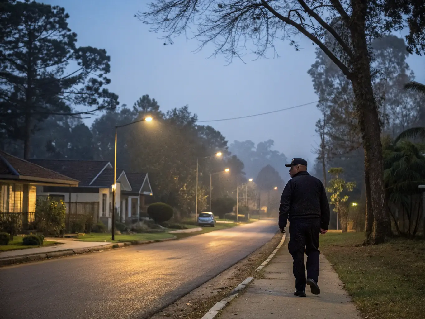 A security guard patrolling a residential neighborhood in Pasadena at dusk, ensuring the safety of homes and residents.