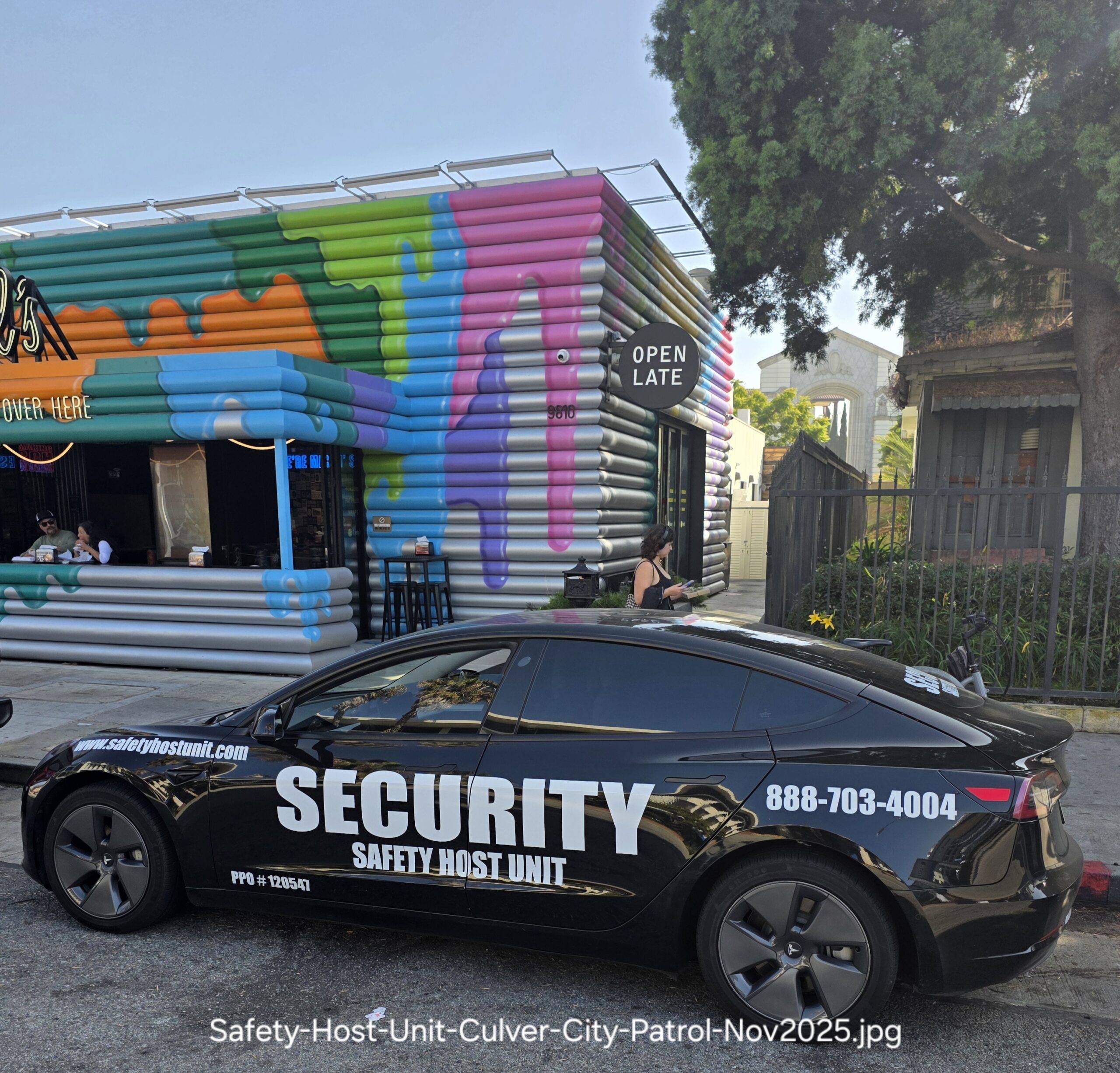 Private security company in Los Angeles patrolling with Safety Host Unit marked security vehicle