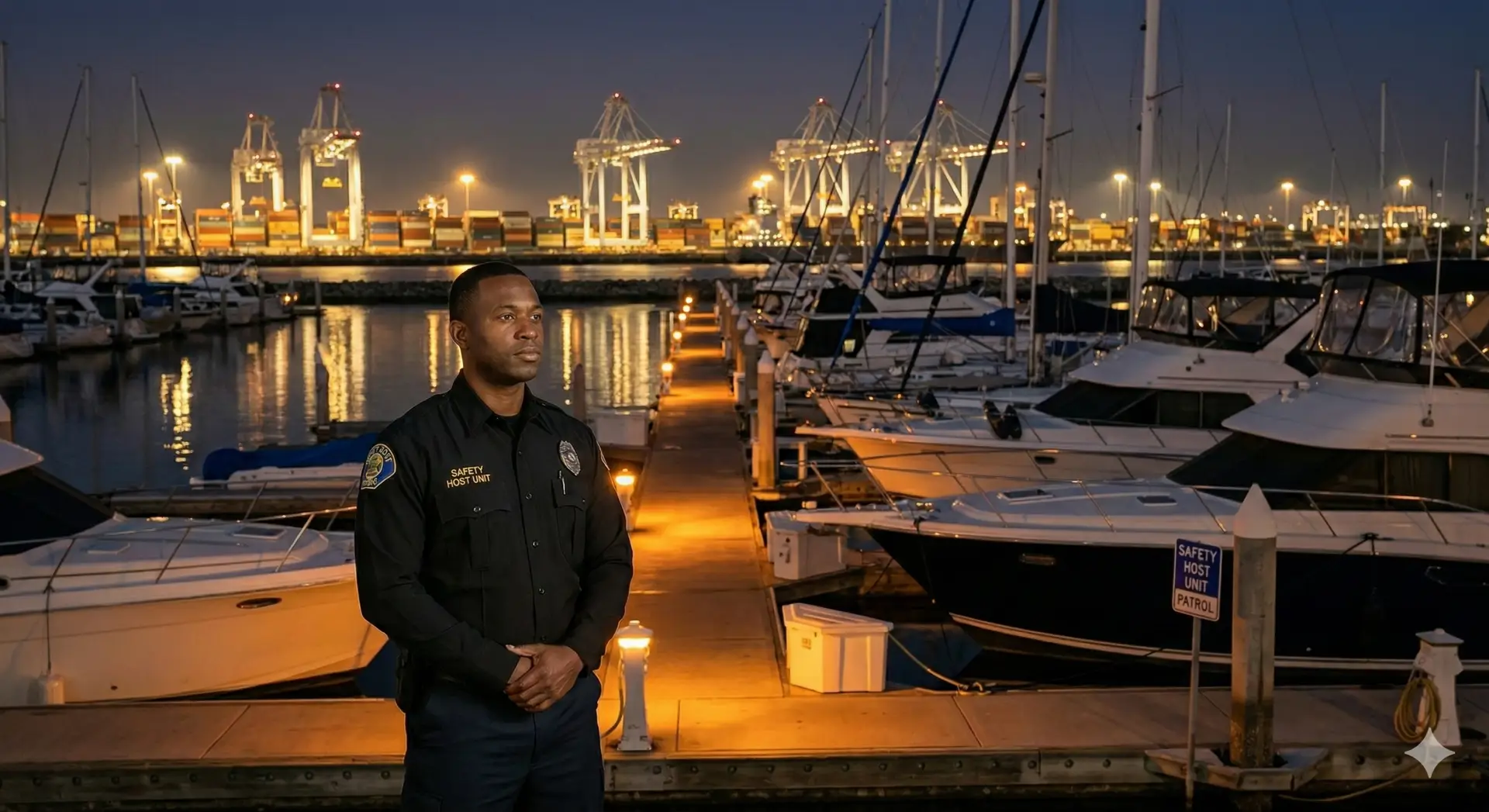 Safety Host Unit officer providing dedicated waterfront security and marina patrols in Long Beach.